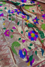 Golden And Red Paithani Silk Bird & Floral Design Dupatta - Luxurion World