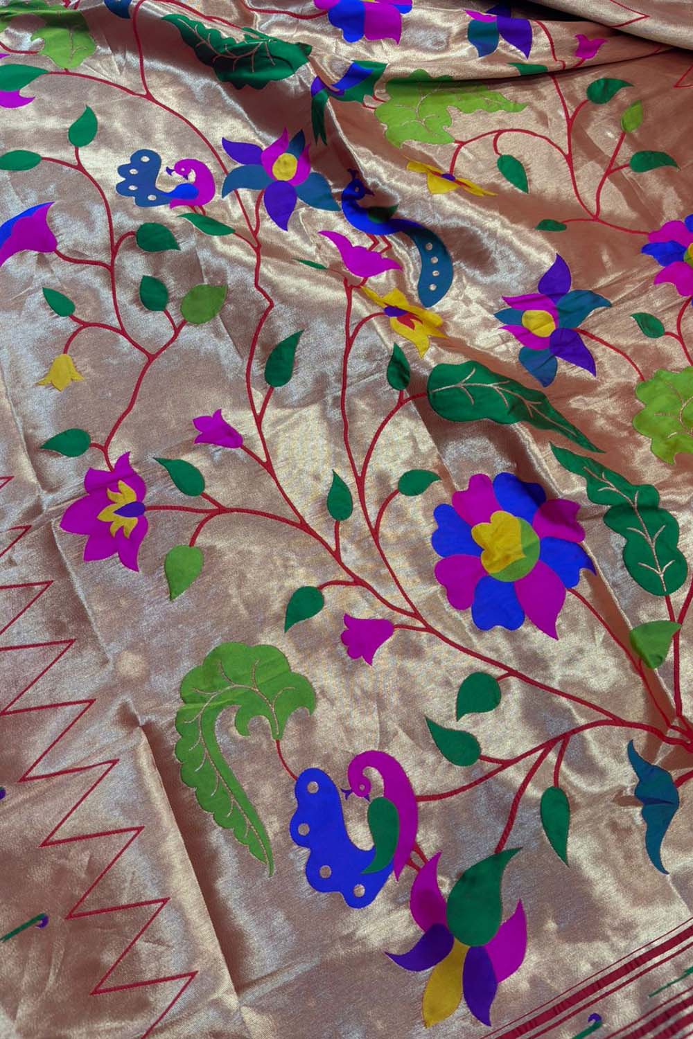 Golden And Red Paithani Silk Bird & Floral Design Dupatta - Luxurion World