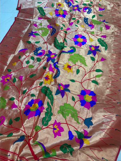 Golden And Red Paithani Silk Bird & Floral Design Dupatta - Luxurion World