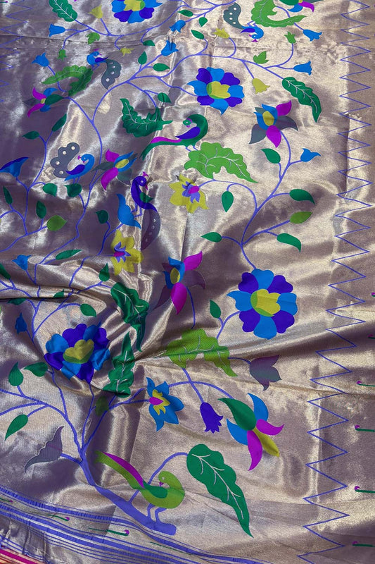 Golden And Purple Paithani Silk Bird & Floral Design Dupatta - Luxurion World