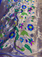 Golden And Purple Paithani Silk Bird & Floral Design Dupatta - Luxurion World