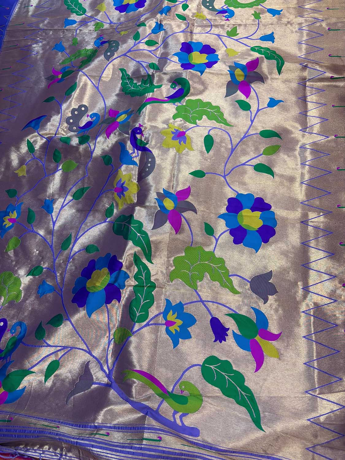 Golden And Purple Paithani Silk Bird & Floral Design Dupatta - Luxurion World