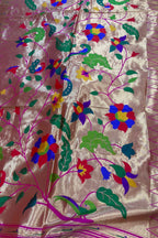 Golden And Pink Paithani Silk Bird & Floral Design Dupatta - Luxurion World
