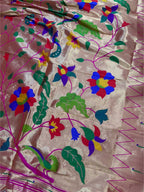 Golden And Pink Paithani Silk Bird & Floral Design Dupatta - Luxurion World