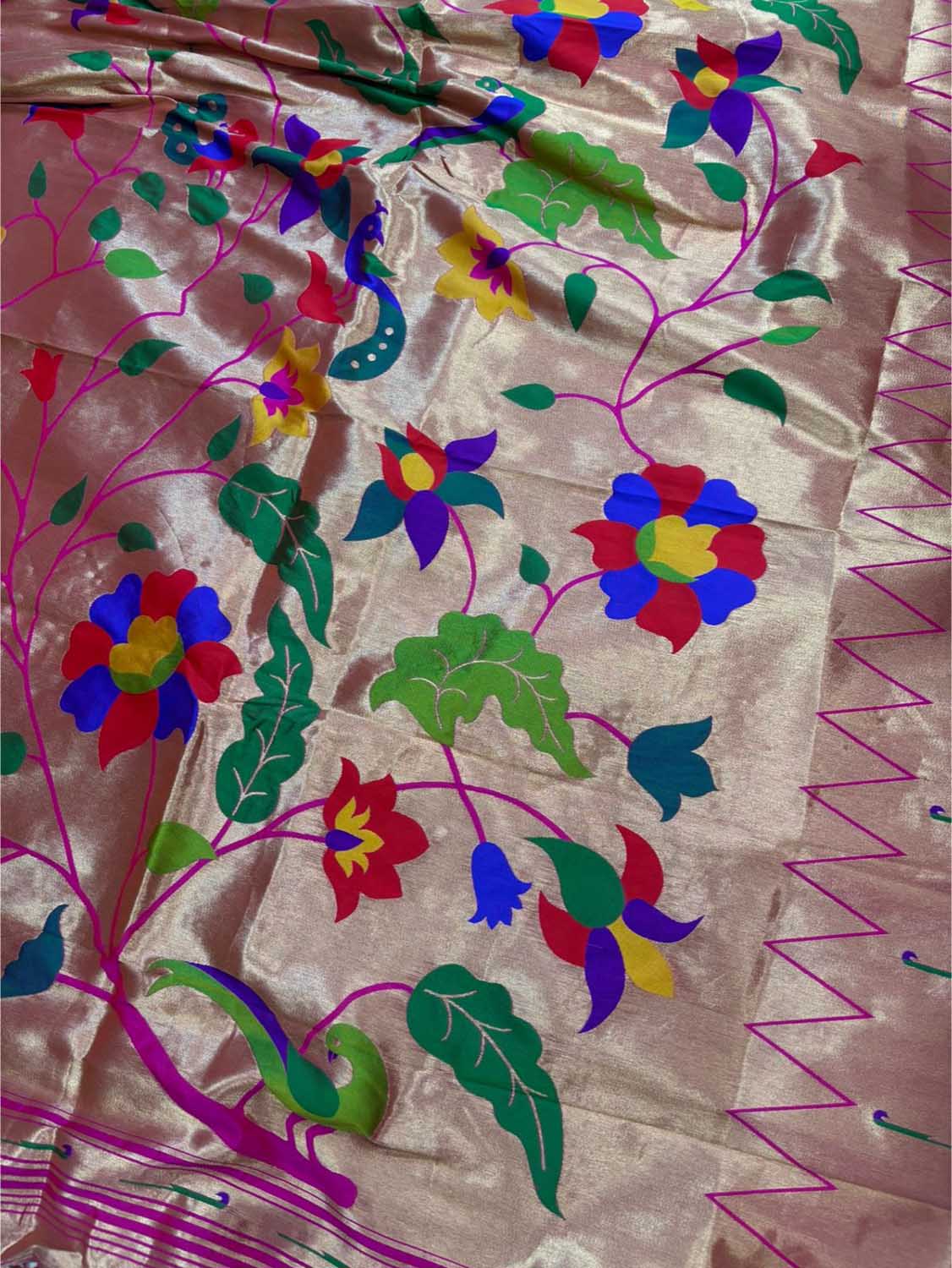 Golden And Pink Paithani Silk Bird & Floral Design Dupatta - Luxurion World
