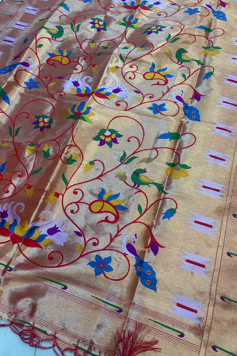 Golden Paithani Silk Bird & Floral Design Dupatta - Luxurion World