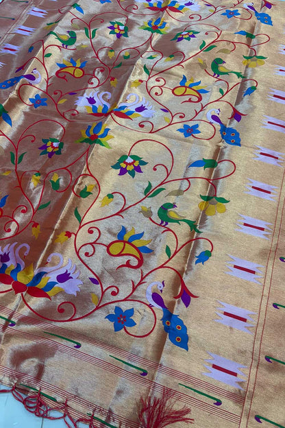 Golden Paithani Silk Bird & Floral Design Dupatta - Luxurion World
