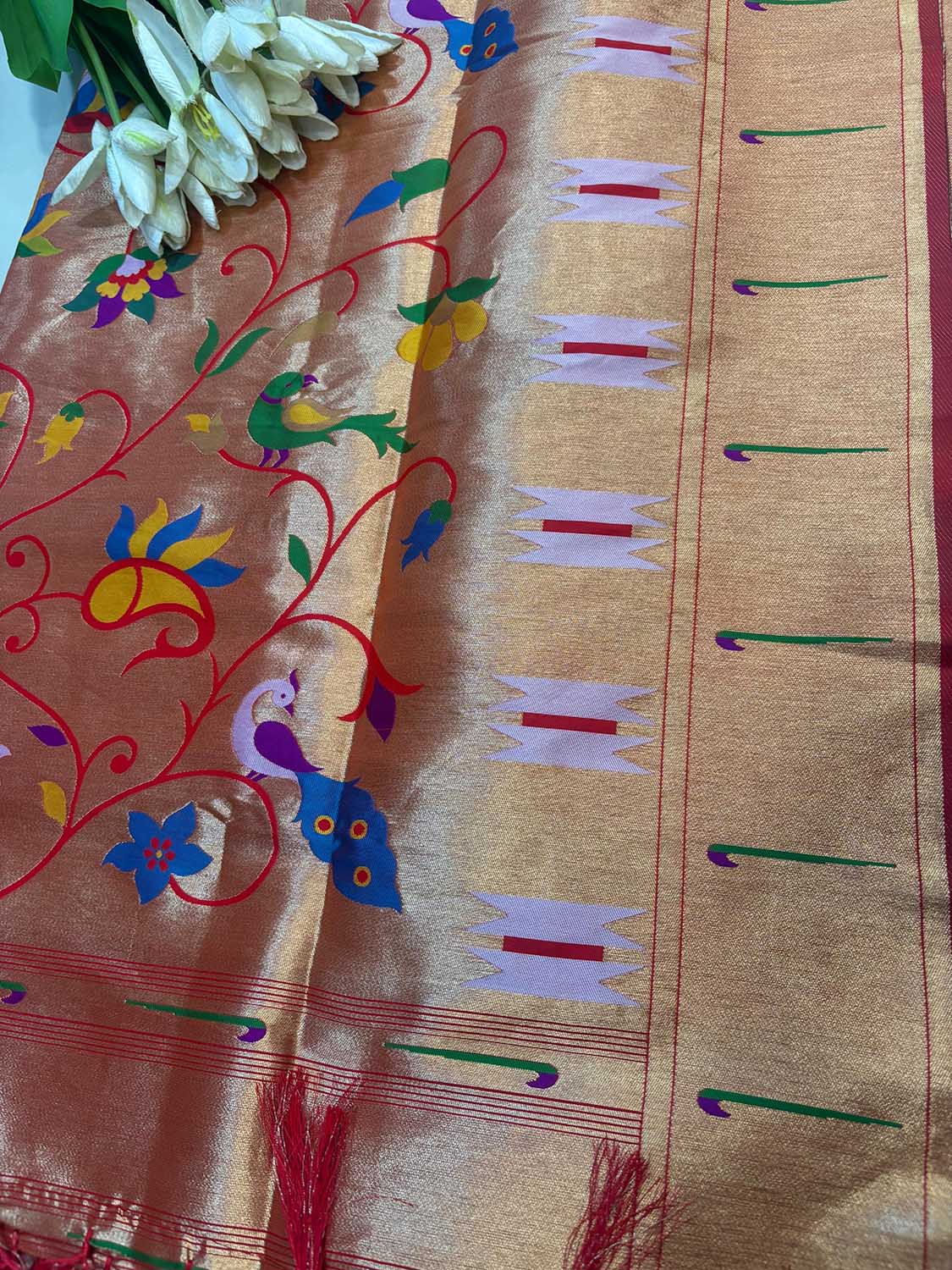 Golden Paithani Silk Bird & Floral Design Dupatta - Luxurion World