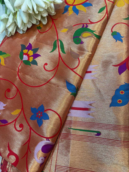 Golden Paithani Silk Bird & Floral Design Dupatta - Luxurion World