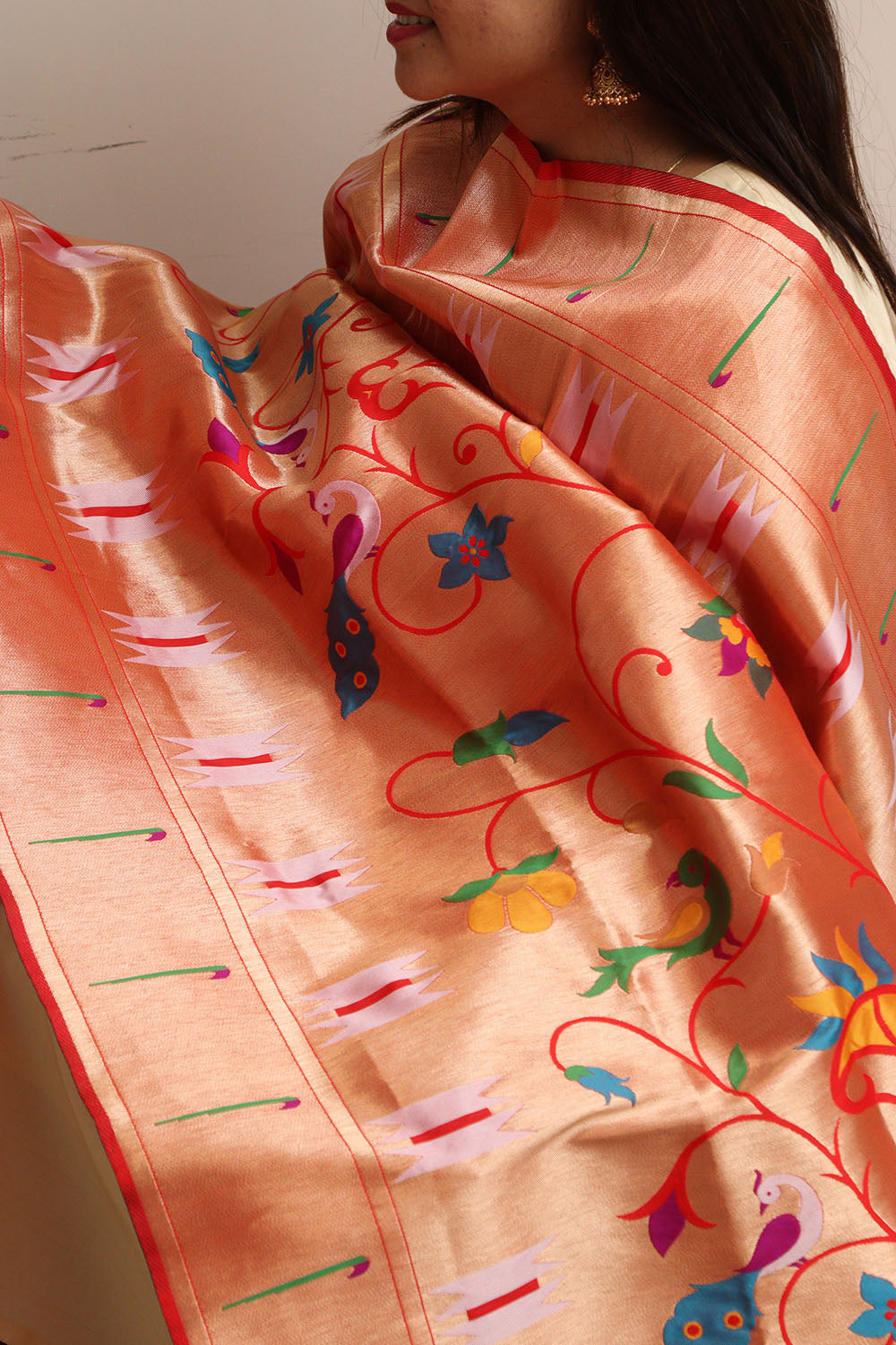 Golden Paithani Silk Bird & Floral Design Dupatta - Luxurion World
