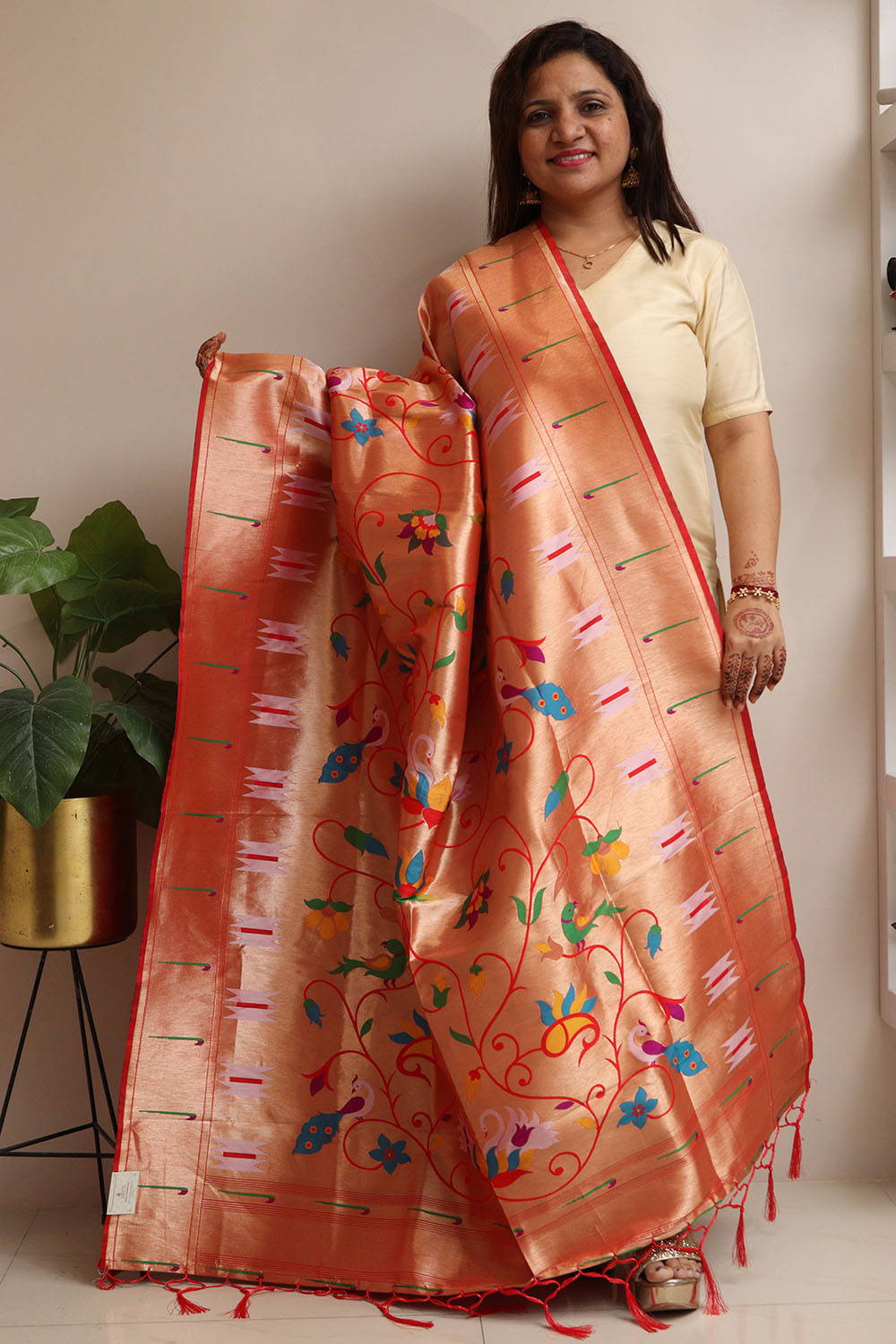 Golden Paithani Silk Bird & Floral Design Dupatta - Luxurion World