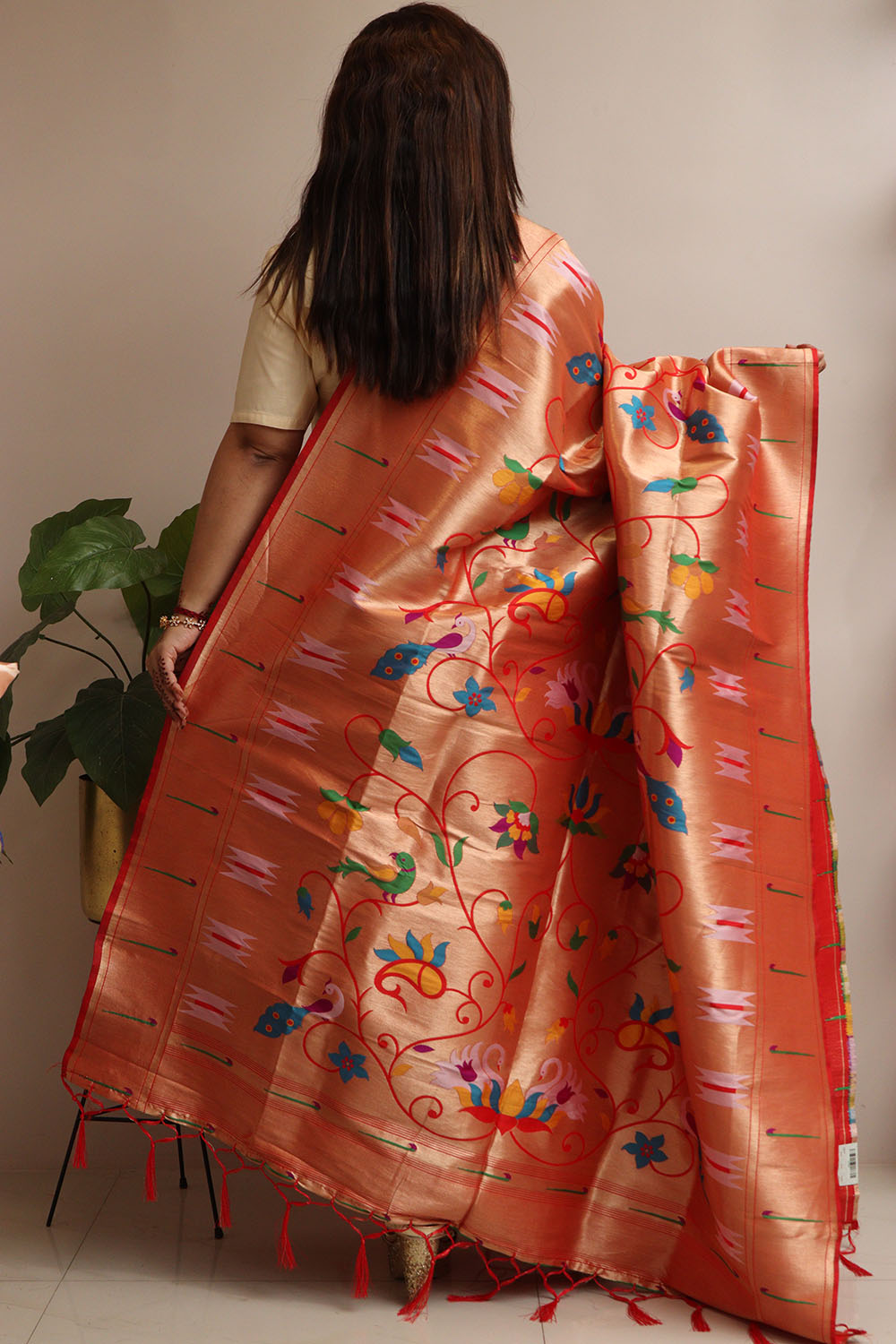Golden Paithani Silk Bird & Floral Design Dupatta - Luxurion World