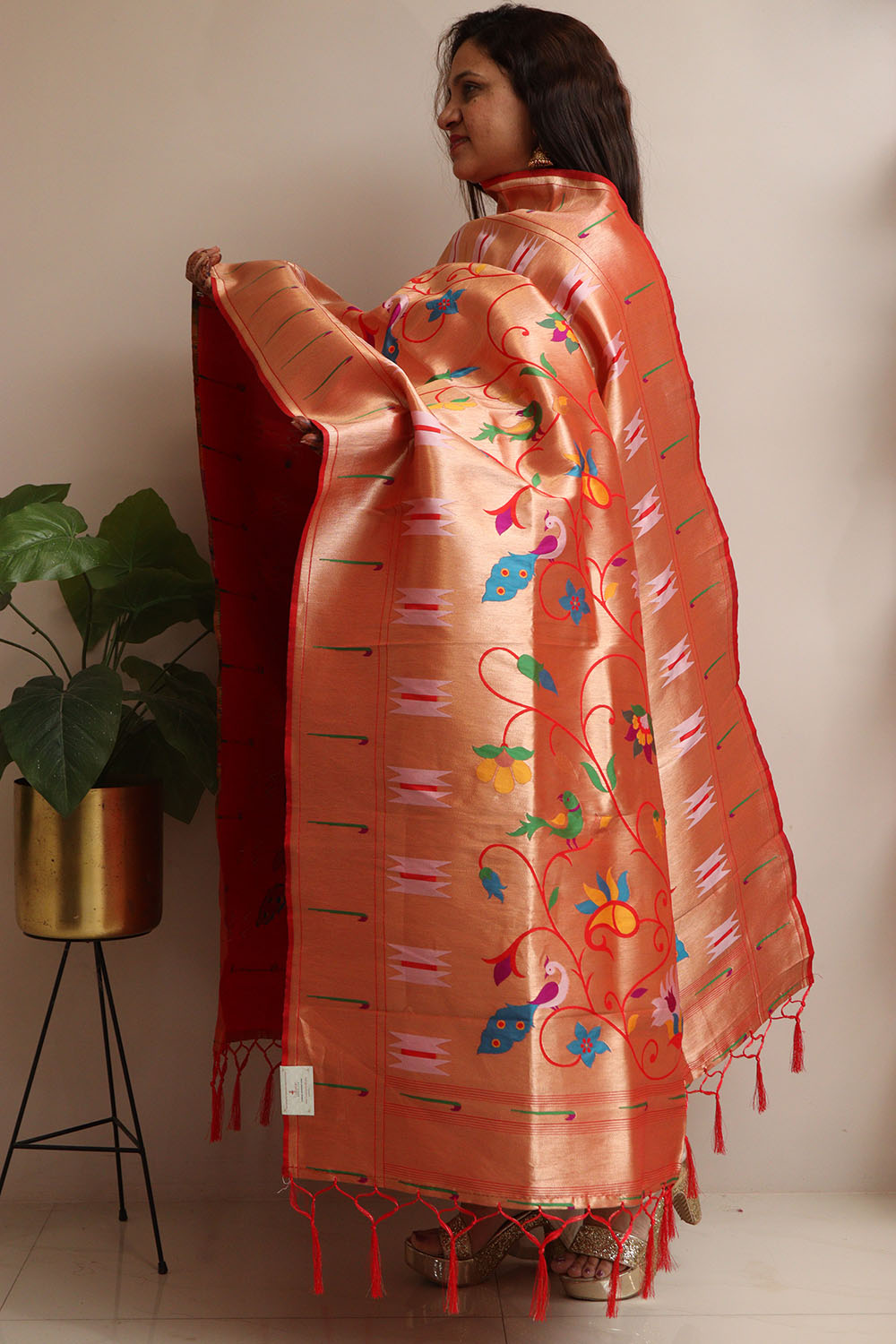 Golden Paithani Silk Bird & Floral Design Dupatta - Luxurion World