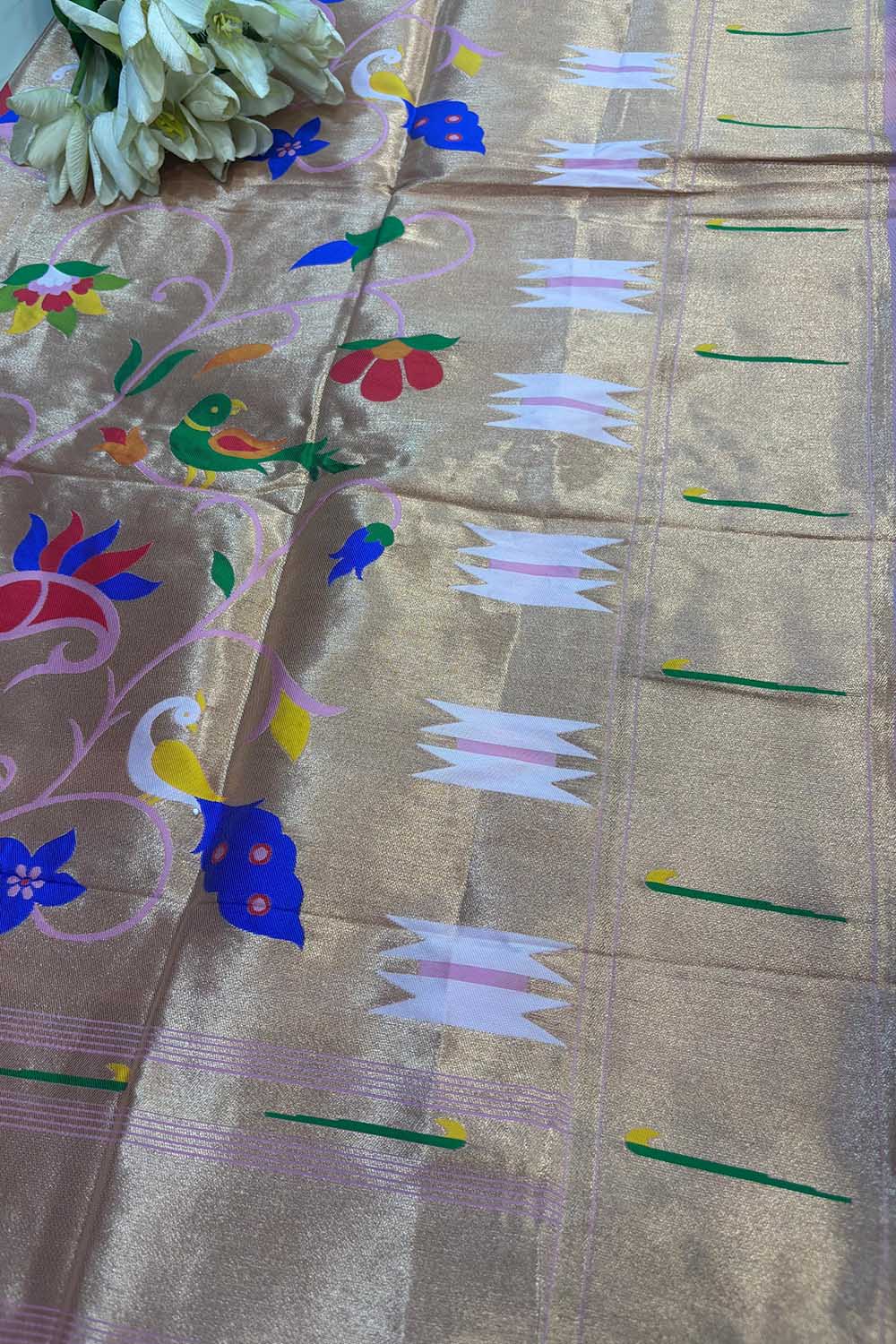 Golden And Pink Paithani Silk Bird & Floral Design Dupatta - Luxurion World