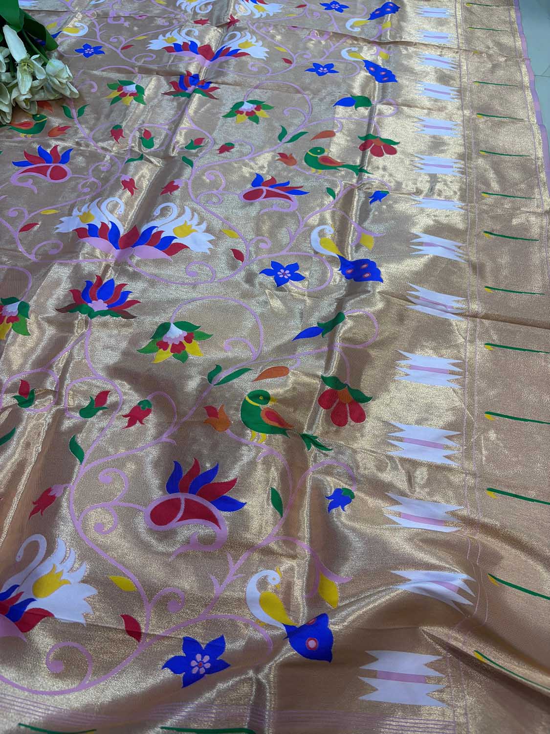 Golden And Pink Paithani Silk Bird & Floral Design Dupatta - Luxurion World