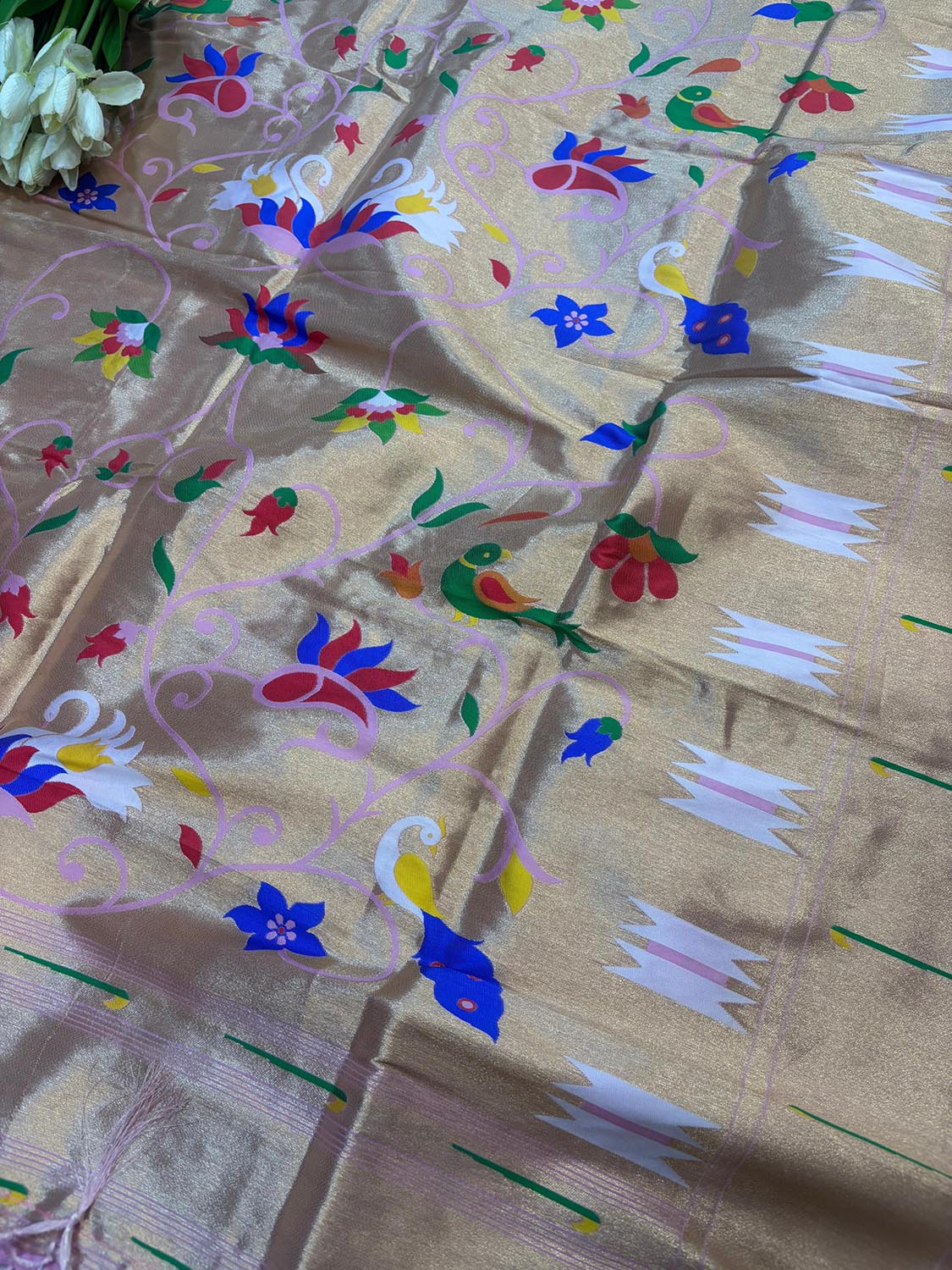 Golden And Pink Paithani Silk Bird & Floral Design Dupatta - Luxurion World