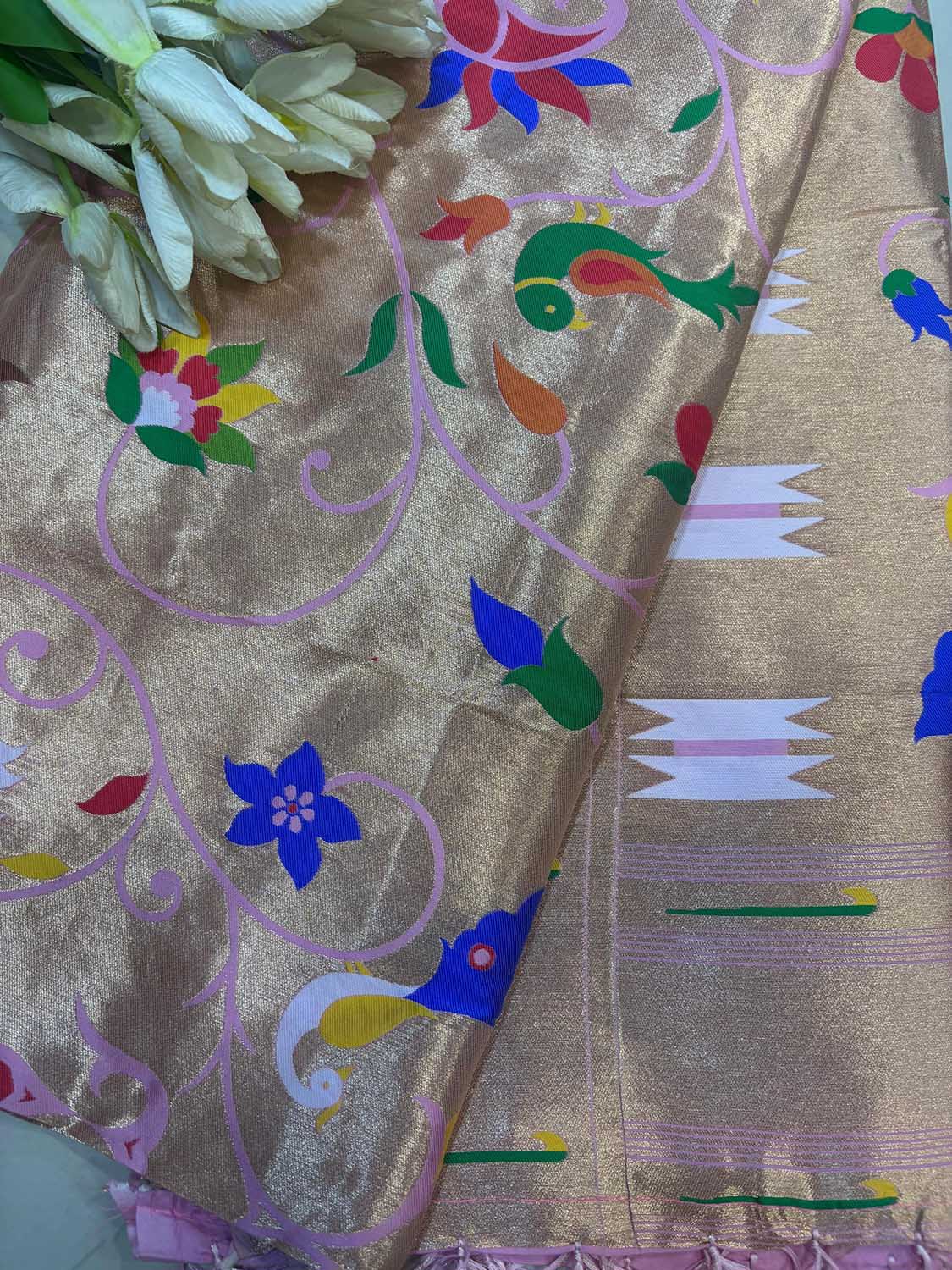 Golden And Pink Paithani Silk Bird & Floral Design Dupatta - Luxurion World