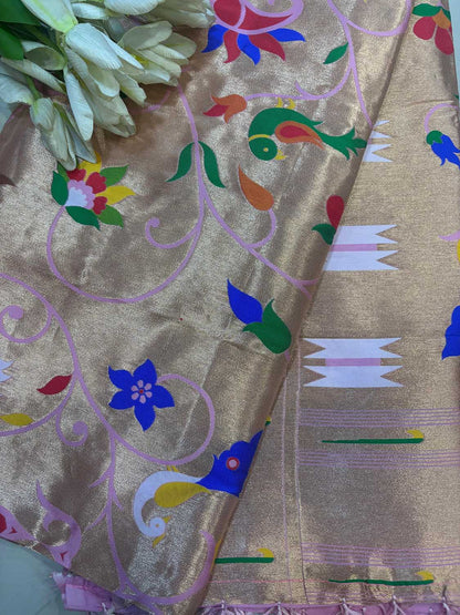 Golden And Pink Paithani Silk Bird & Floral Design Dupatta - Luxurion World