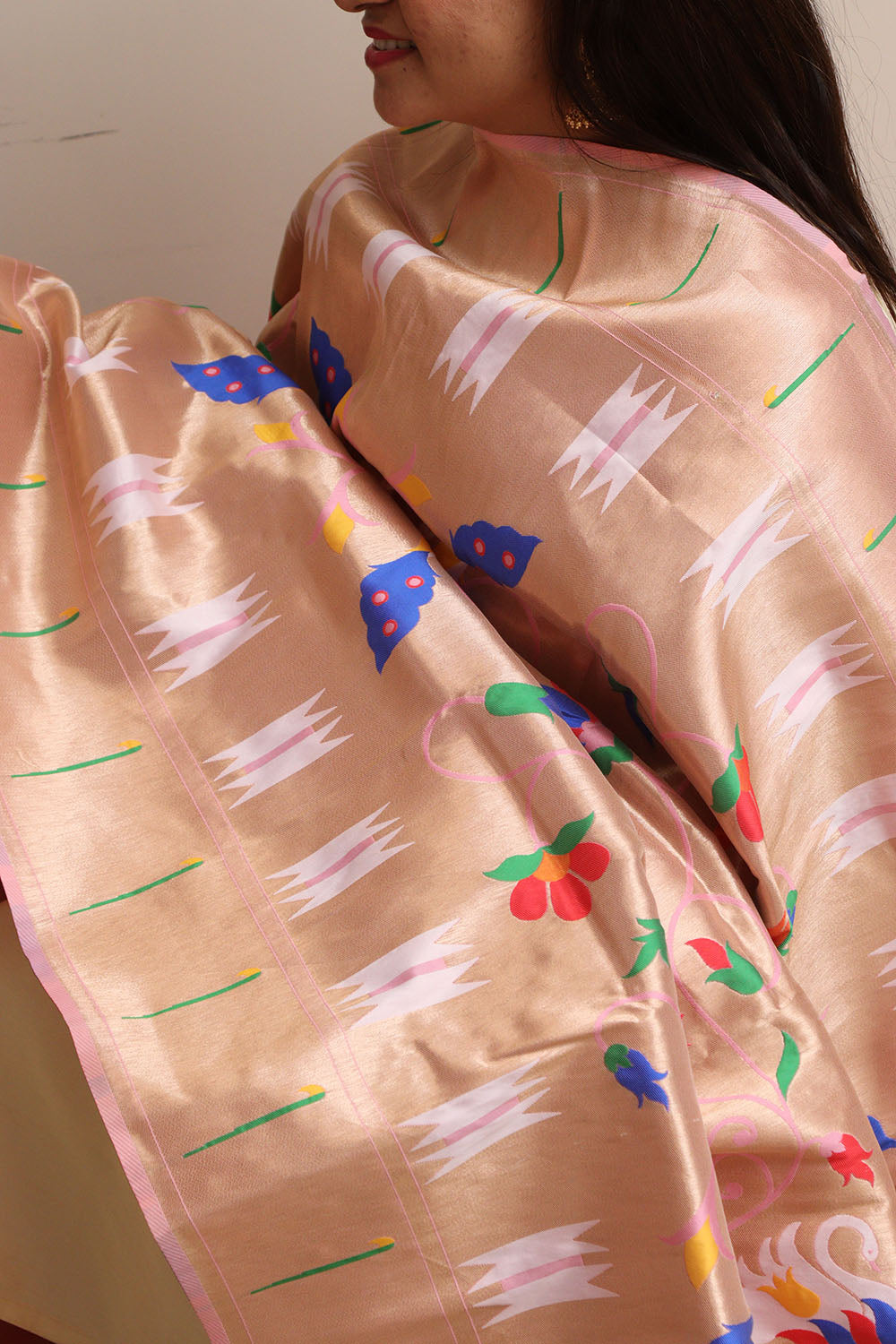 Golden And Pink Paithani Silk Bird & Floral Design Dupatta - Luxurion World