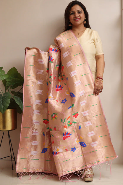 Golden And Pink Paithani Silk Bird & Floral Design Dupatta - Luxurion World