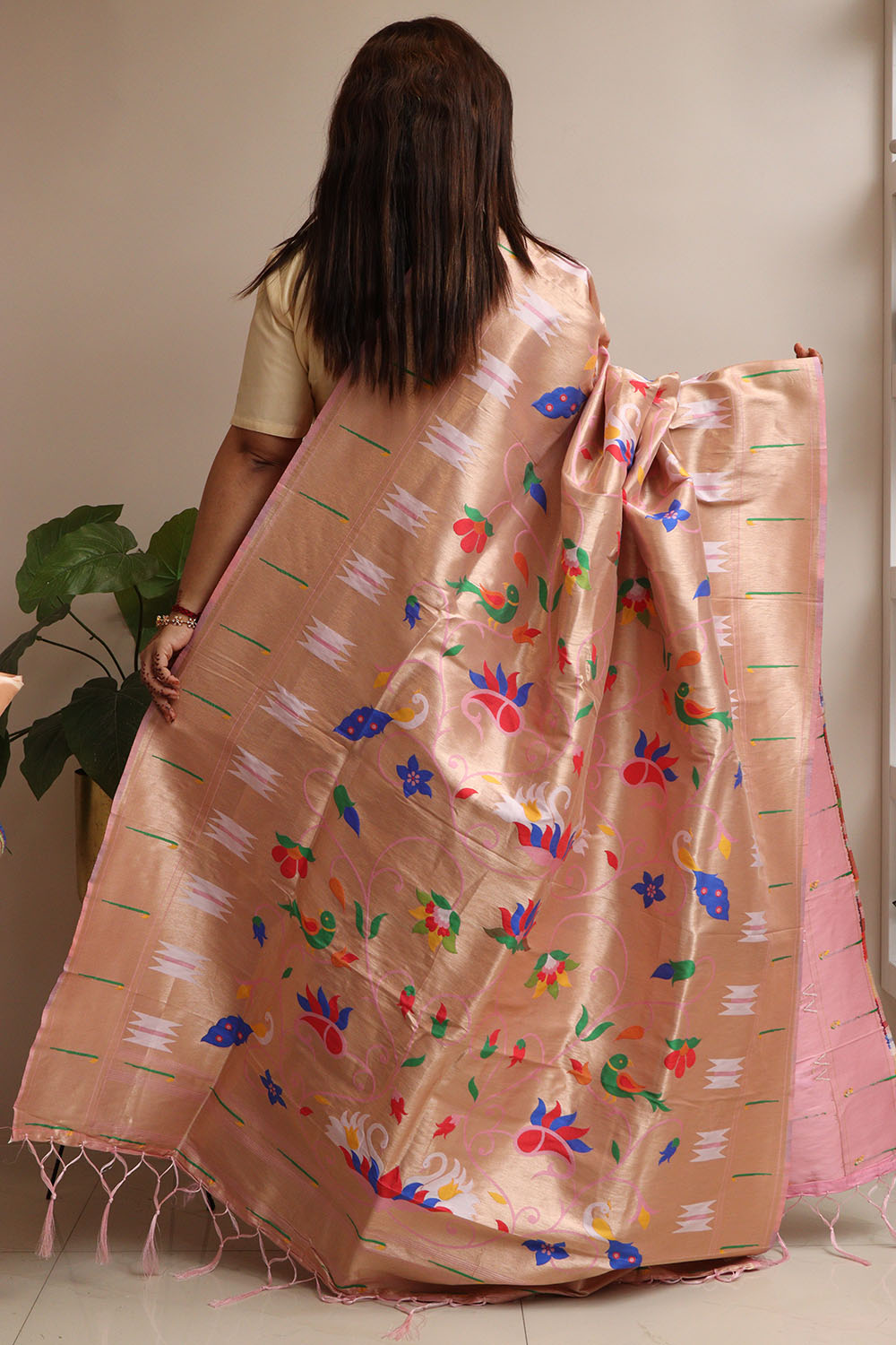 Golden And Pink Paithani Silk Bird & Floral Design Dupatta - Luxurion World