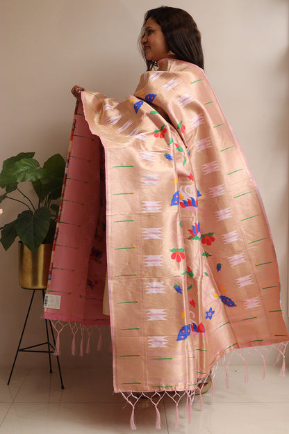 Golden And Pink Paithani Silk Bird & Floral Design Dupatta - Luxurion World