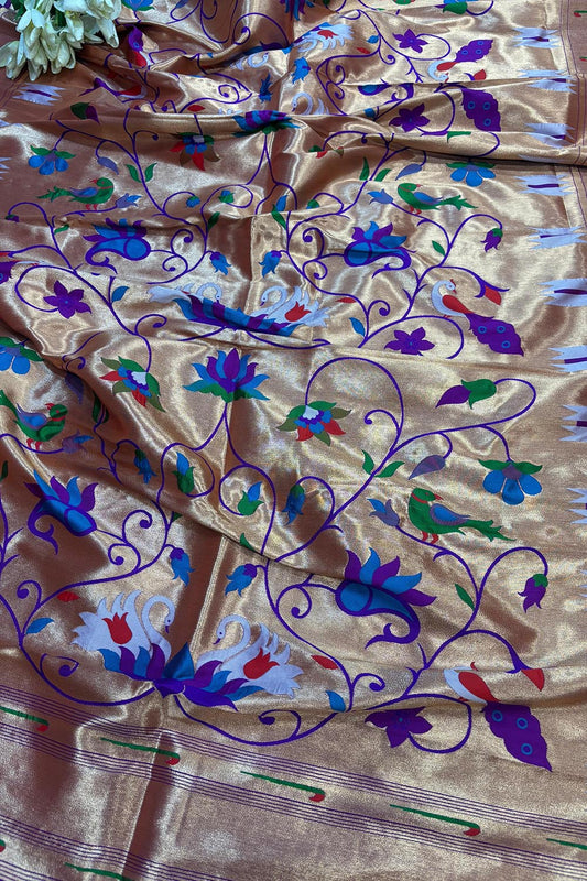 Golden And Purple Paithani Silk Bird & Floral Design Dupatta - Luxurion World