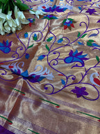 Golden And Purple Paithani Silk Bird & Floral Design Dupatta - Luxurion World