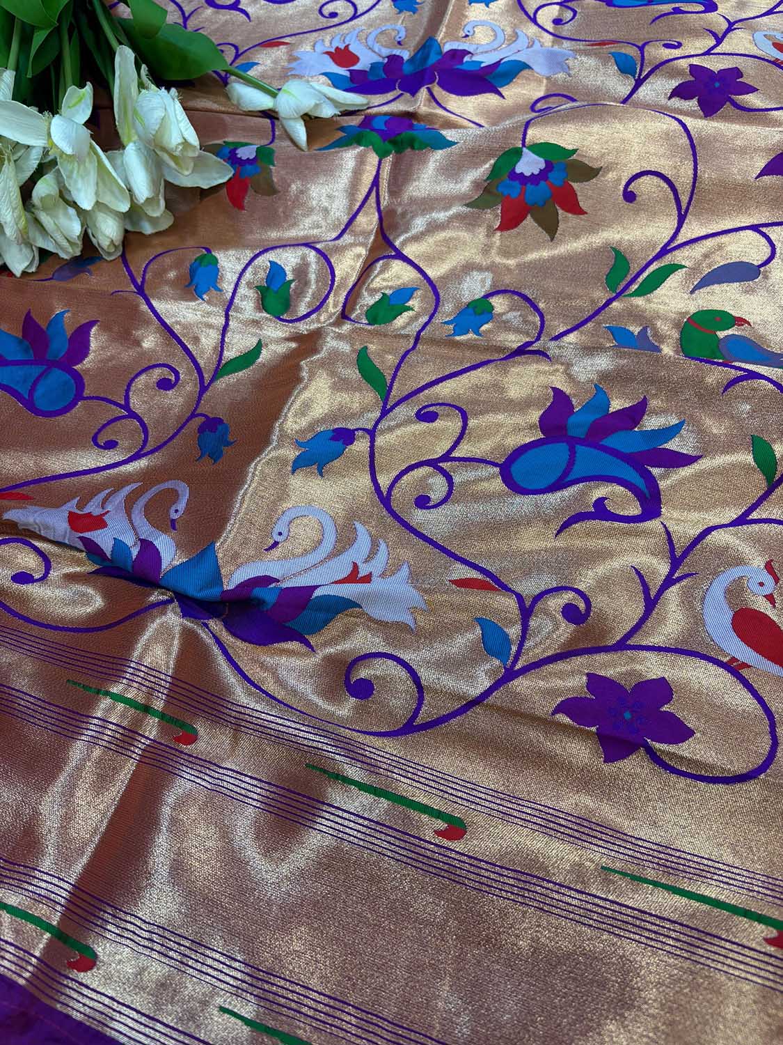 Golden And Purple Paithani Silk Bird & Floral Design Dupatta - Luxurion World