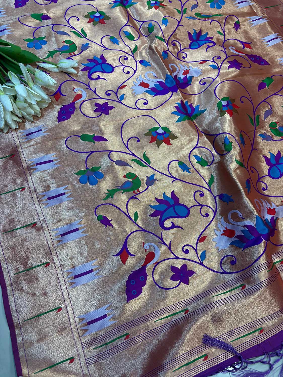 Golden And Purple Paithani Silk Bird & Floral Design Dupatta - Luxurion World