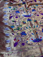 Golden And Purple Paithani Silk Bird & Floral Design Dupatta - Luxurion World