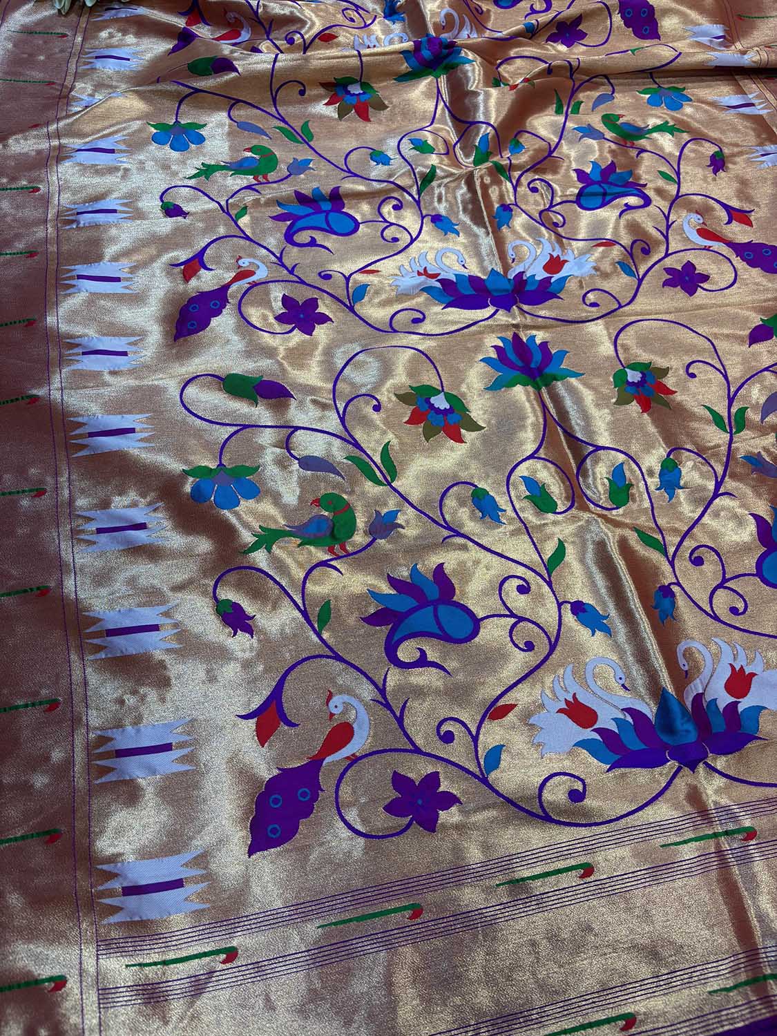 Golden And Purple Paithani Silk Bird & Floral Design Dupatta - Luxurion World