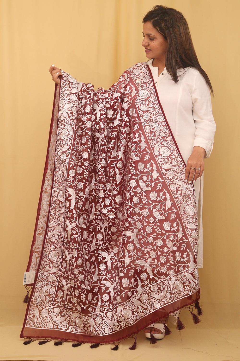 Stunning Brown Embroidered Parsi Organza Silk Dupatta - Versatile & Elegant!