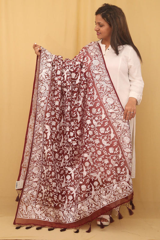 Stunning Brown Embroidered Parsi Organza Silk Dupatta - Versatile & Elegant! - Luxurion World