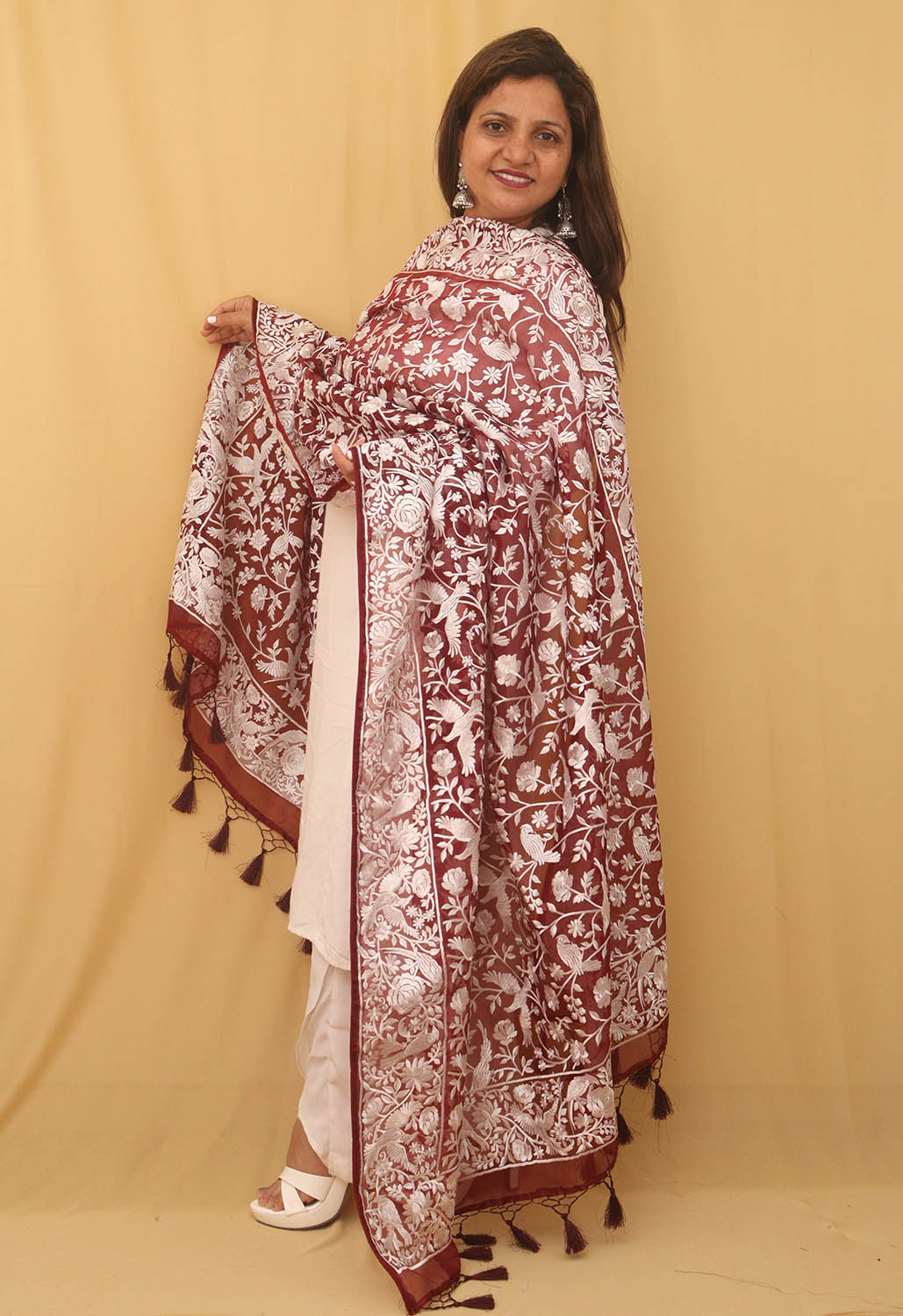 Stunning Brown Embroidered Parsi Organza Silk Dupatta - Versatile & Elegant! - Luxurion World