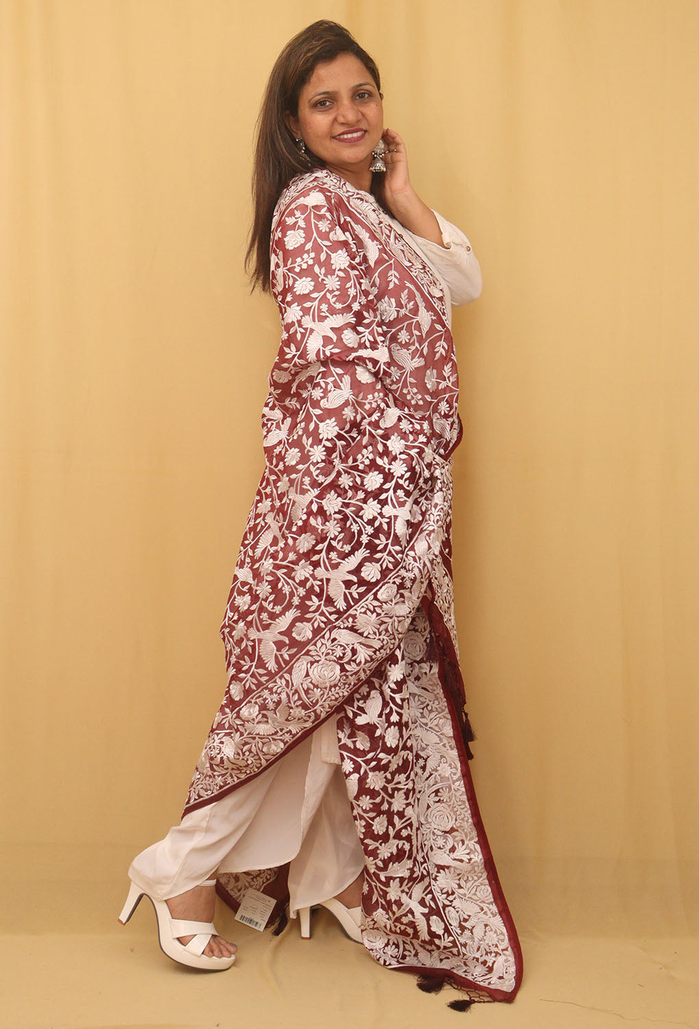 Stunning Brown Embroidered Parsi Organza Silk Dupatta - Versatile & Elegant! - Luxurion World