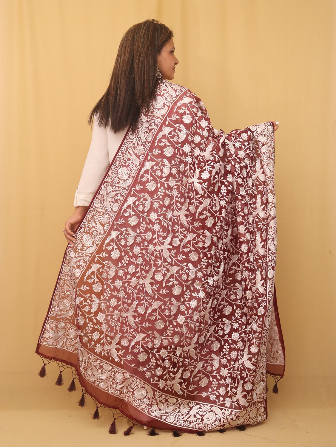 Stunning Brown Embroidered Parsi Organza Silk Dupatta - Versatile & Elegant!