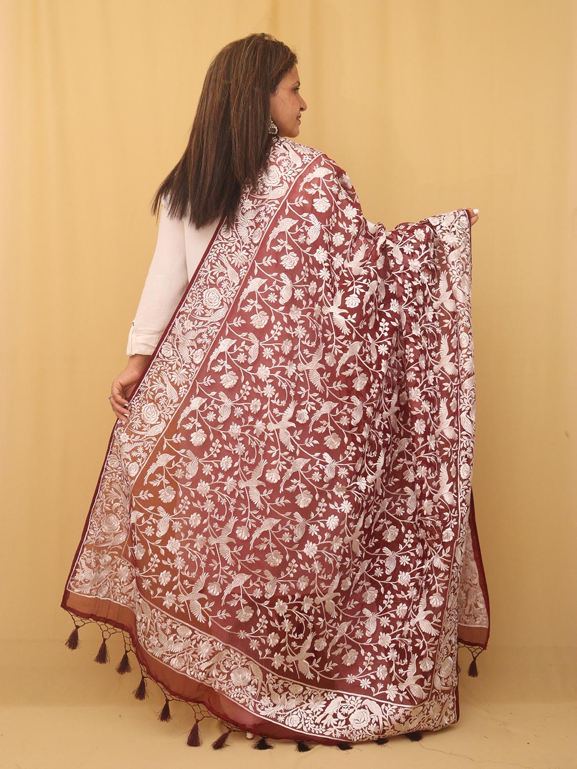 Stunning Brown Embroidered Parsi Organza Silk Dupatta - Versatile & Elegant! - Luxurion World