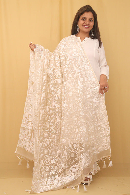 Stunning Embroidered Parsi Organza Silk Dupatta - Perfect for Any Occasion! - Luxurion World