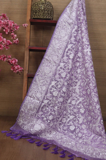 Parsi Organza Silk Dupatta with Elegant Purple Embroidery - Luxurion World