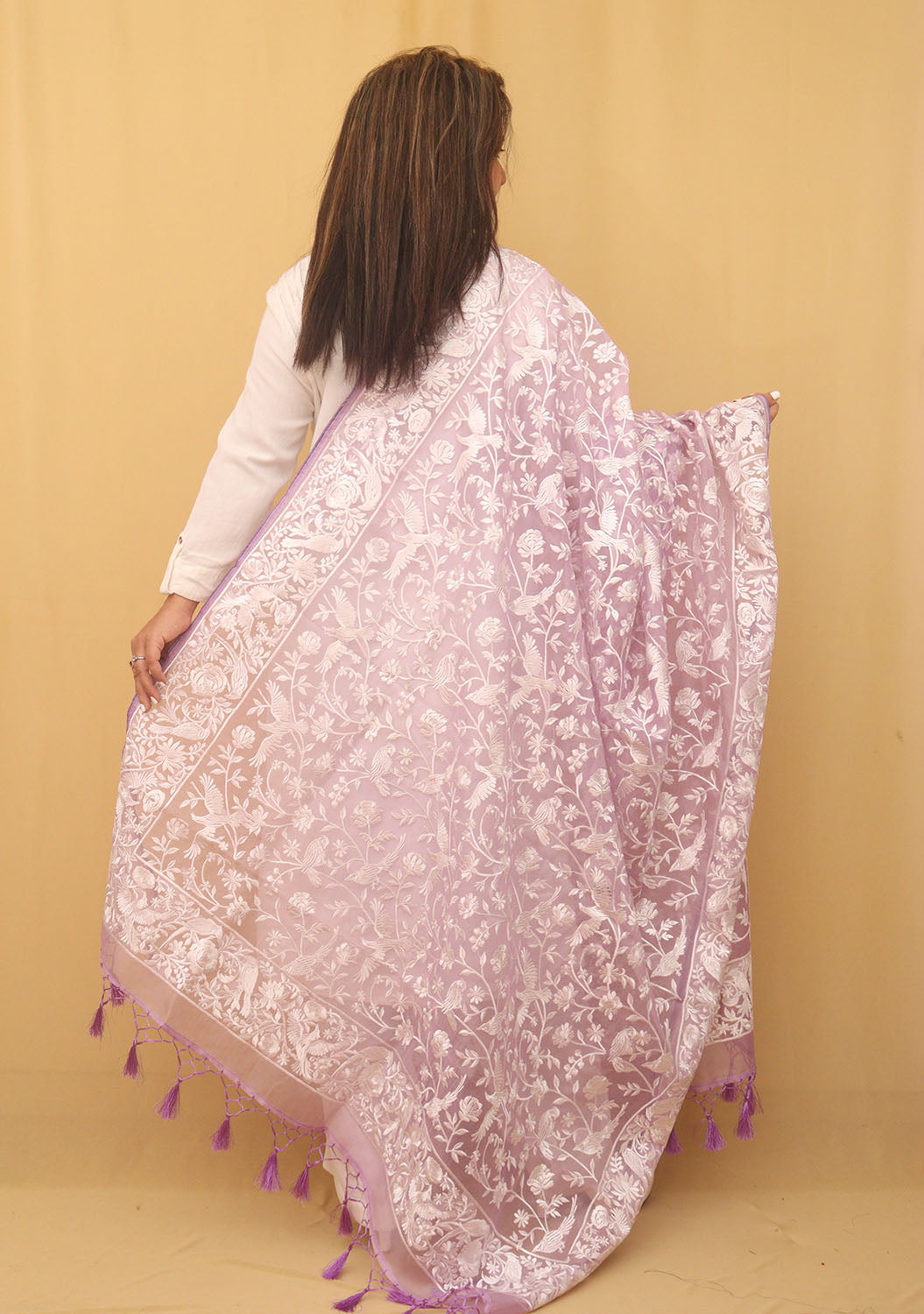 Parsi Organza Silk Dupatta with Elegant Purple Embroidery - Luxurion World