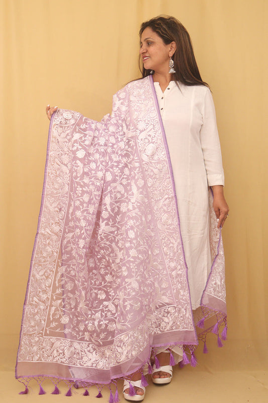 Parsi Organza Silk Dupatta with Elegant Purple Embroidery