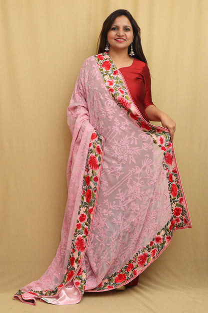 Pink Hand Embroidered Chikankari Pure Georgette Dupatta with Parsi and French Knot Border - Luxurion World