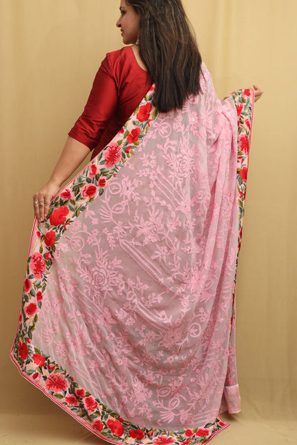Pink Hand Embroidered Chikankari Pure Georgette Dupatta with Parsi and French Knot Border - Luxurion World