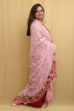 Pink Hand Embroidered Chikankari Pure Georgette Dupatta with Parsi and French Knot Border - Luxurion World