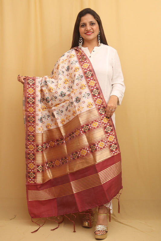 Off White Patola Silk Dupatta - Luxurion World