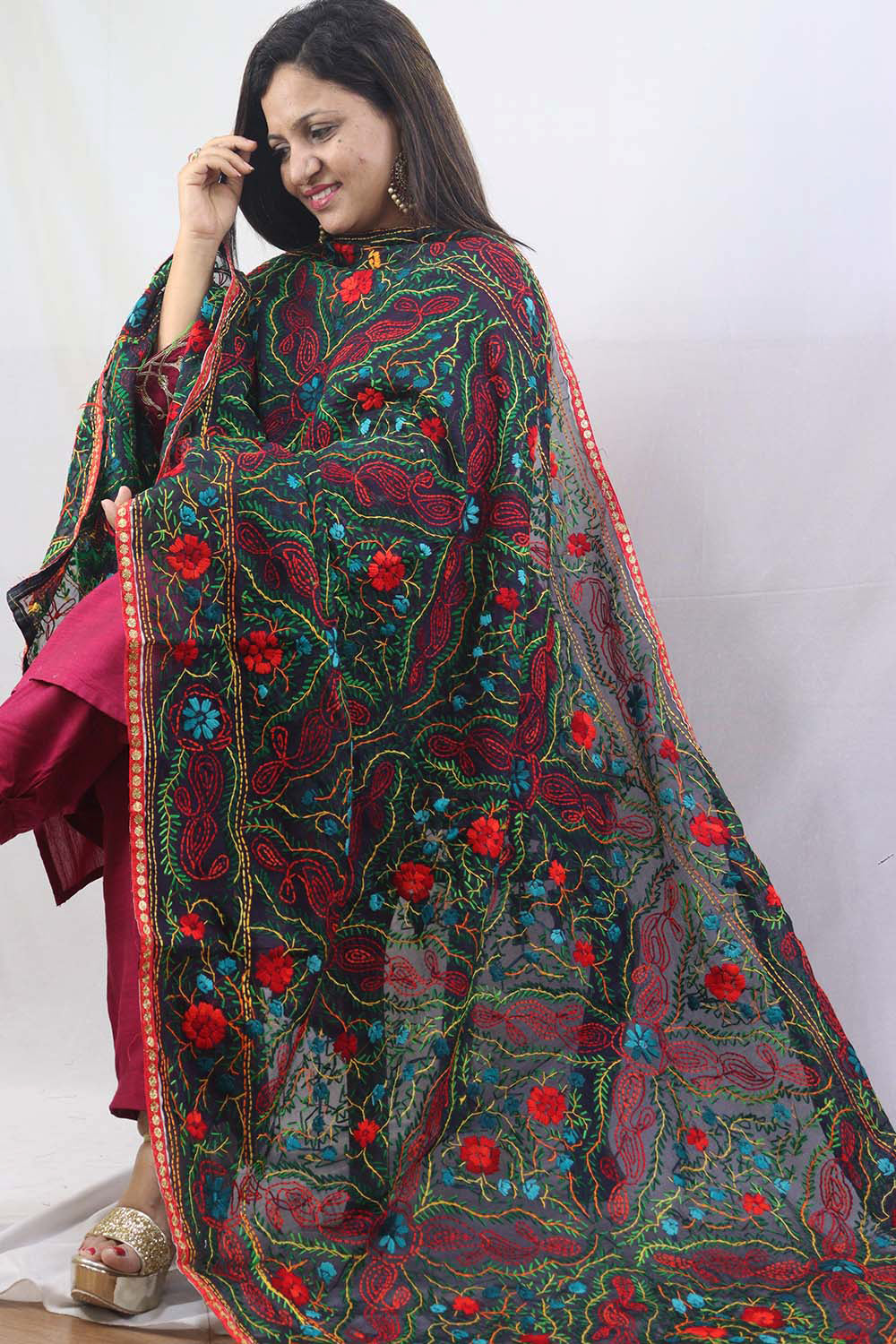 Stunning Multicolor Phulkari Chanderi Silk Dupatta with Intricate Embroidery - Luxurion World