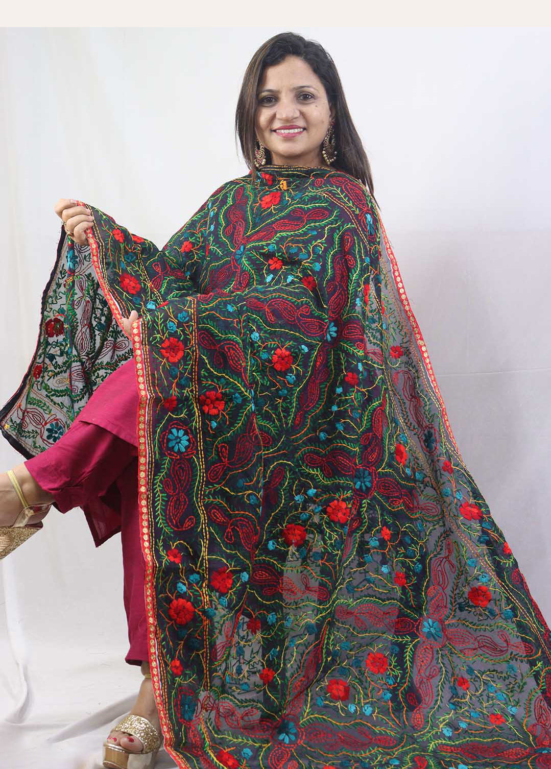 Stunning Multicolor Phulkari Chanderi Silk Dupatta with Intricate Embroidery - Luxurion World