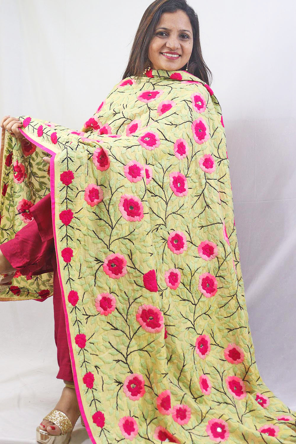 Stunning Yellow Phulkari Chanderi Silk Dupatta with Hand Embroidery