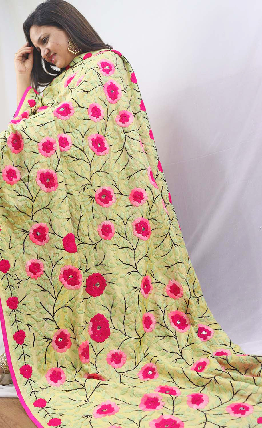 Stunning Yellow Phulkari Chanderi Silk Dupatta with Hand Embroidery - Luxurion World